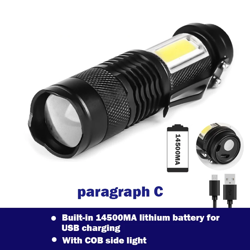 USB Mini rechargeable flashlight LED waterproof lamp bead with side lamp built-in battery lighting fishing camping flashlight flashtorch mini Flashlights