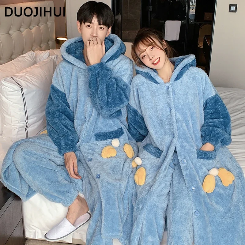 DUOJIHUI Winter Hooded Thick Warm Cute Pajamas for Women Fashion Printing Couple Clothes Loose Casual Simple Female Pajamas Set
