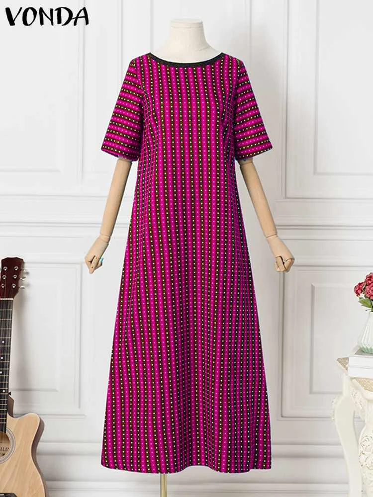 VONDA Bohemian Dress 2023 Summer Women Striped Printed Maxi Party Robe