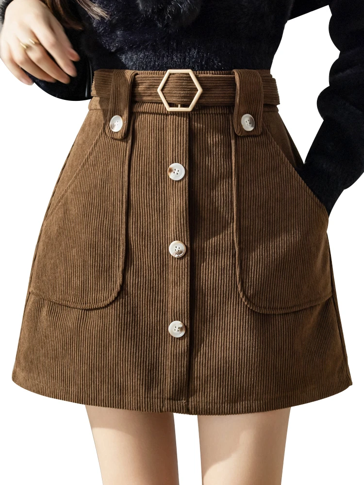 QOERLIN Brown Belted Corduroy Skrits with Shorts Pockets High Waist Black Skirt Female Autumn Winter Boost Skirts Korean Fashion