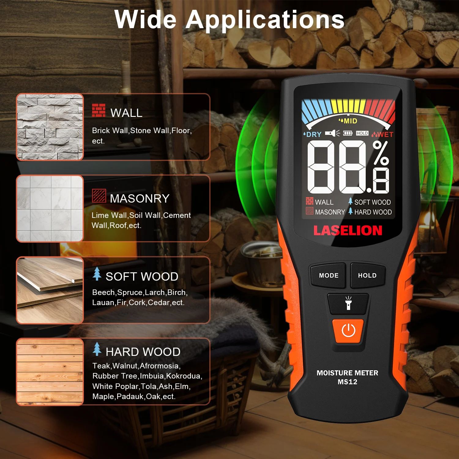 Wood Moisture Meter Laselion Inductive Wood Moisture Meter Hygrometer Non-contact Timber Damp Wall Detector Non-destructive Pinless Humidity Tester wood moisture meter
