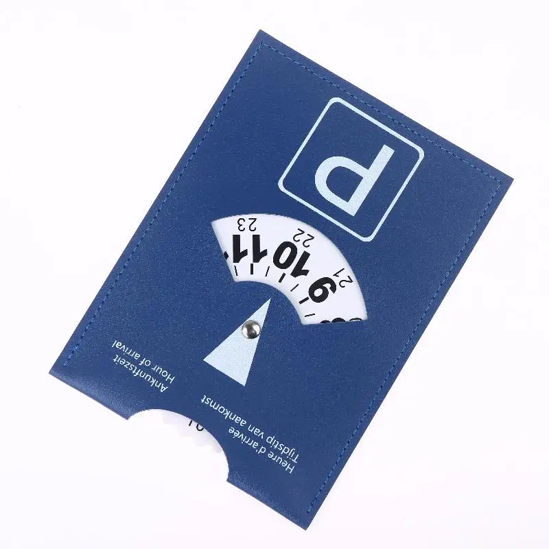 Blaue PU-Leder-Parkscheibe, 4-sprachige Version, langlebiger und wasserbeständiger Ankunftstimer für das Auto – universelles europäisches Design – Detail 12