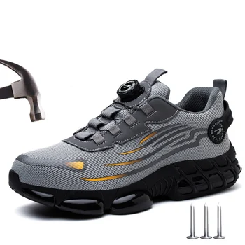 WOUDHONY Scarpe antinfortunistiche da uomo Bottoni rotanti Sneakers da lavoro in mesh traspirante Scarpe da lavoro con punta in acciaio Stivali protettivi di sicurezza