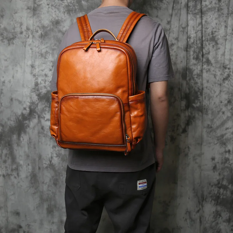 NZPJ Men's Genuine Leather Backpack Top Layer Cowhide Large Capacity Casual Travel Bookbag Korean Version Fashion Computer Bag