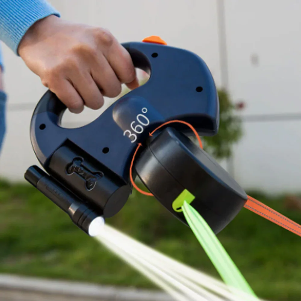laisse rétractable pour chien 3m avec lampe et distributeur de sacs