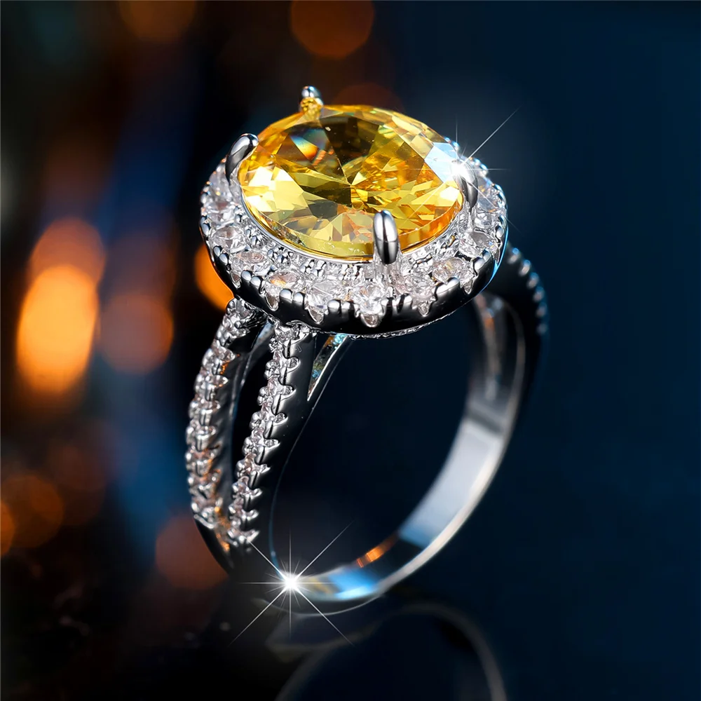 Luxury Female Big Yellow Zircon Stone Oval Engagement Rings For Women Silver Color Wedding Bands Jewelry Party Gifts