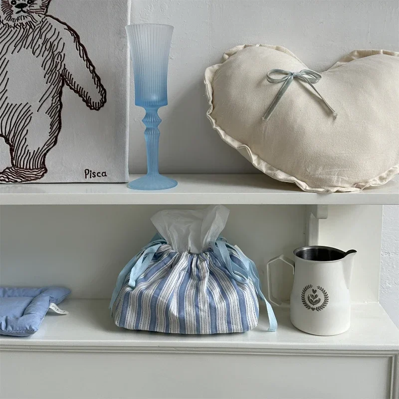 Portable Tissue Box Draw Rope Tissue Storage Bag Ins Grid Stripe Paper Organizer Wet Wipes Case Car Pouch Outdoor Useful Korean 4