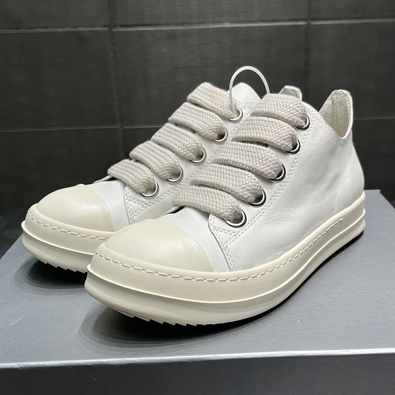 

2023 Spring and Autumn New Genuine Leather Casual Shoes Solid Color Wide Shoelace Design Flat Sole Non-Slip Lovers Shoes