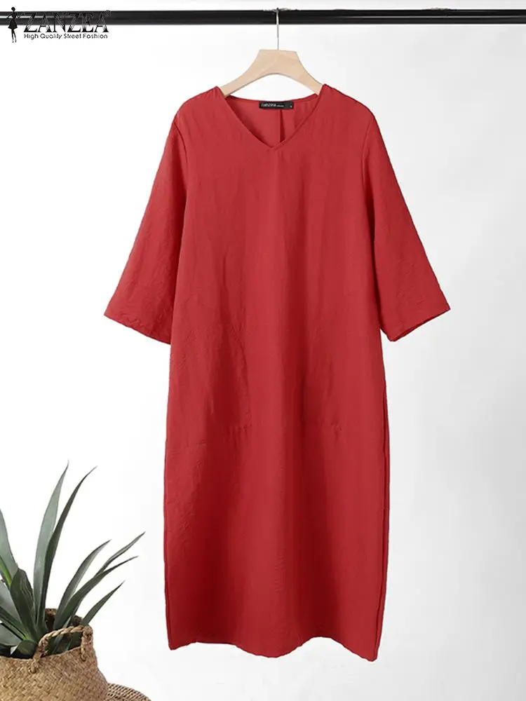 

2024 ZANZEA Summer Sundress Women V-Neck 3/4 Sleeve Dress Casual Loose Dresses Elegant Solid Midi Robe Fashion Work Sarafans