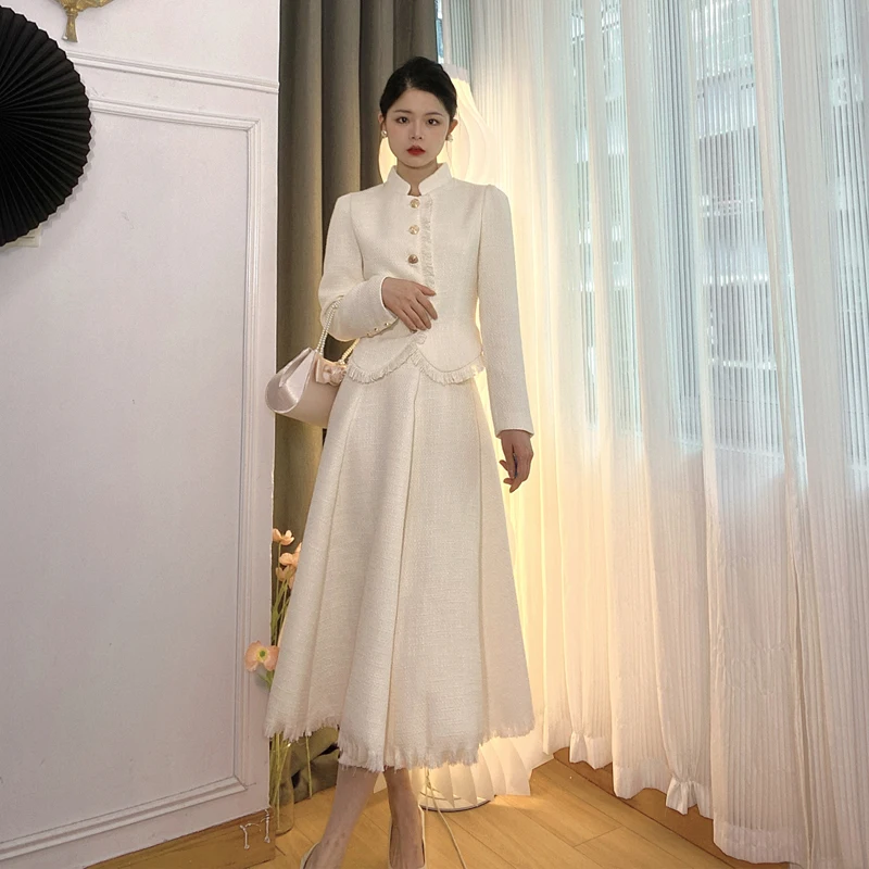 

Elegant Ladies Tassel Skirt Suit Women's Two-Piece Set Fashion Single Breasted Coat Umbrella Skirt Autumn Winter Korean Clothing