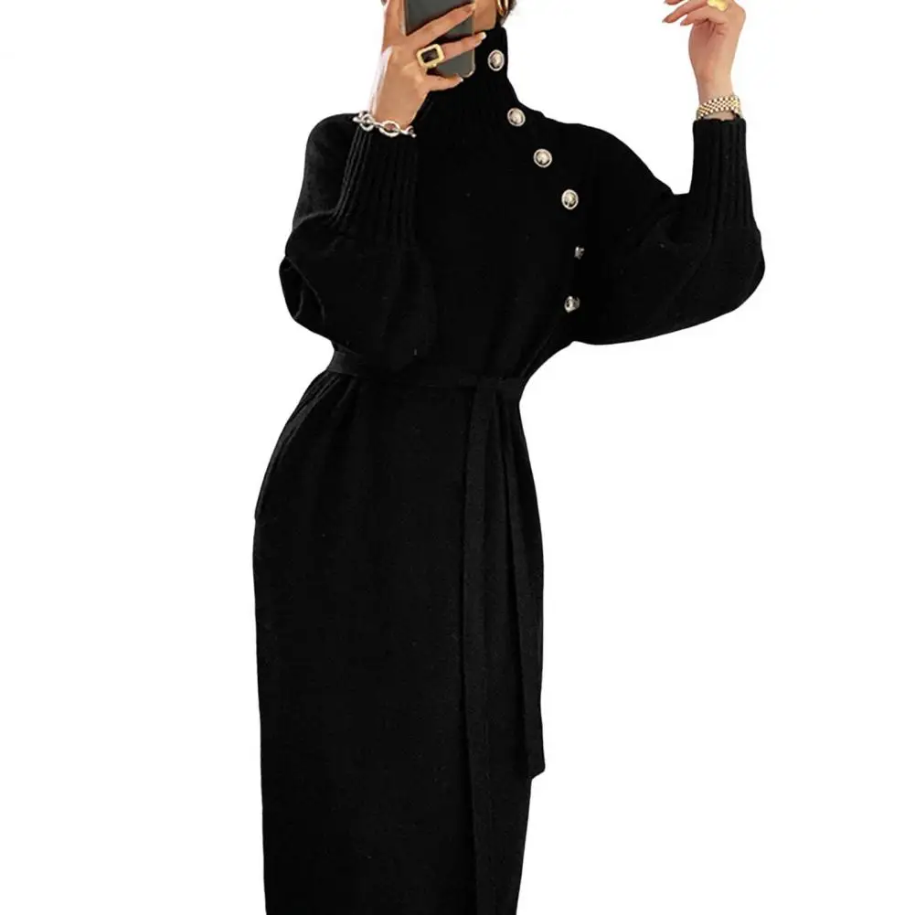 أزرار الياقة المدورة خمر كم طويل فساتين طويلة الشت...