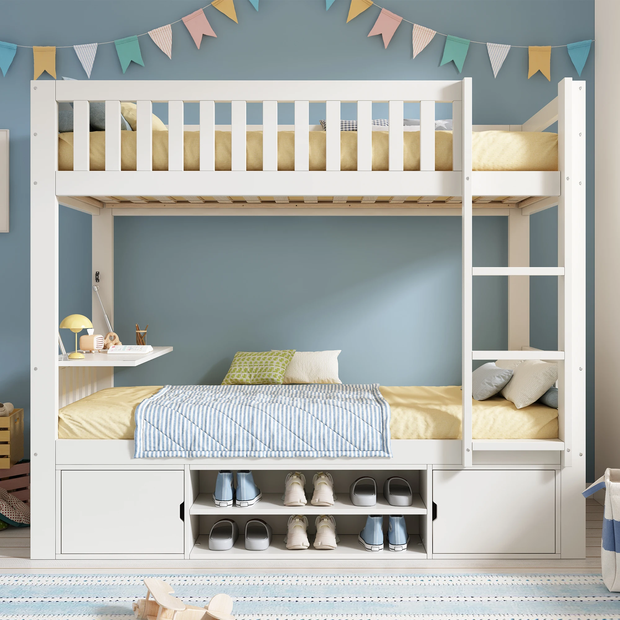 KOMHTOM Weißes Kinderhochbett 90x200 cm mit klappbarer Tischplatte integriertem Schuhregal Lattenrost EN 747 geprüft – Detail 2