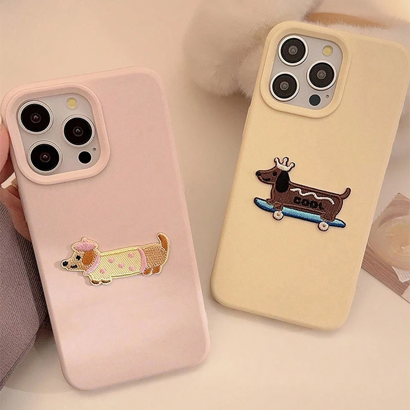 Korean Dopamine Color Embroidered 3D Sausage Puppy Phone Case - Soft Back Cover