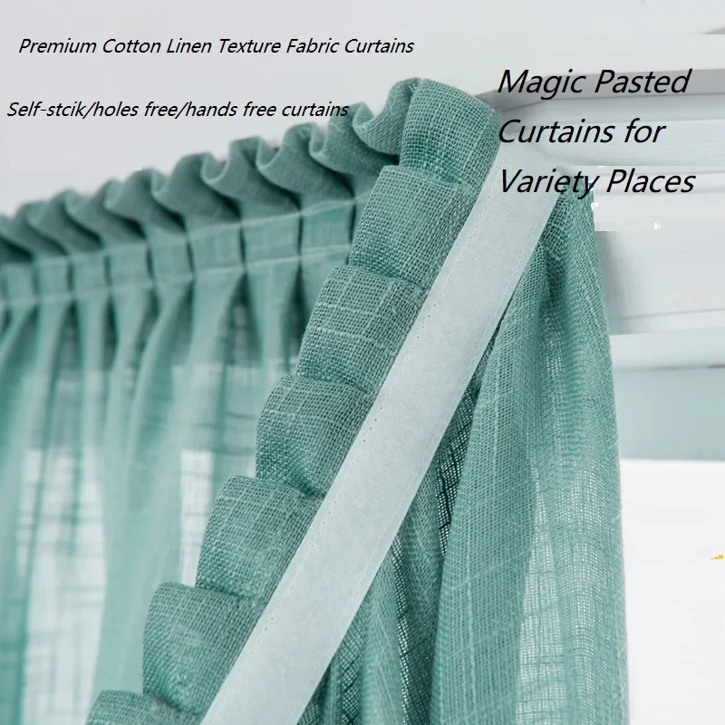 Premium Linen Texture Magic Paste Curtains Easy Install Solid White Tulle Door Kitchen Window Drapes Sheer Solid Grey Cortinas