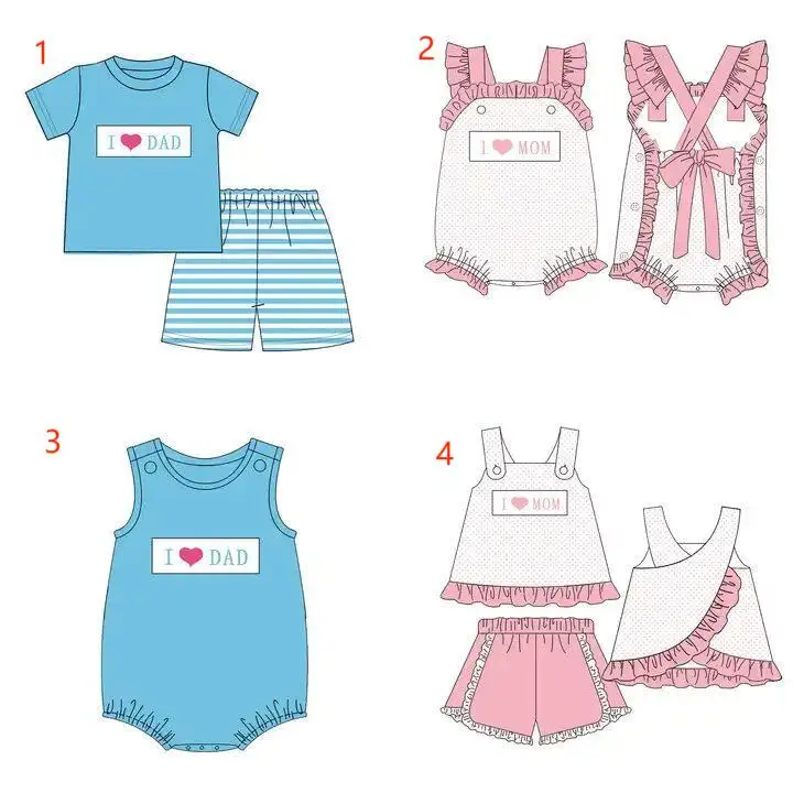 

Valentine's Day boutique children's set with small flying sleeves and love print shorts for girl and boy striped set baby romper