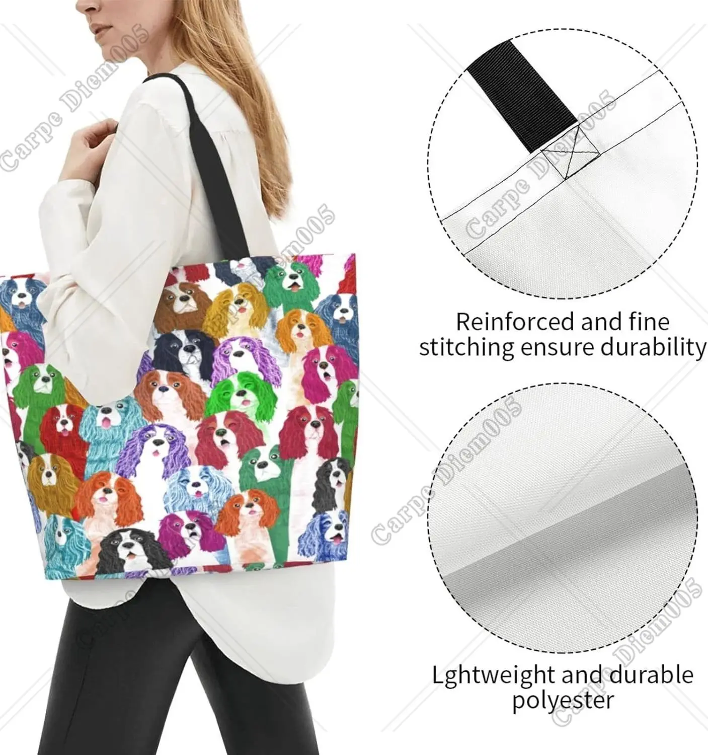 Charming Tie Dye King Charles Spaniel Puppy Tote Bag - Reusable and Colorful Shoulder Bag with Cute Cartoon Design