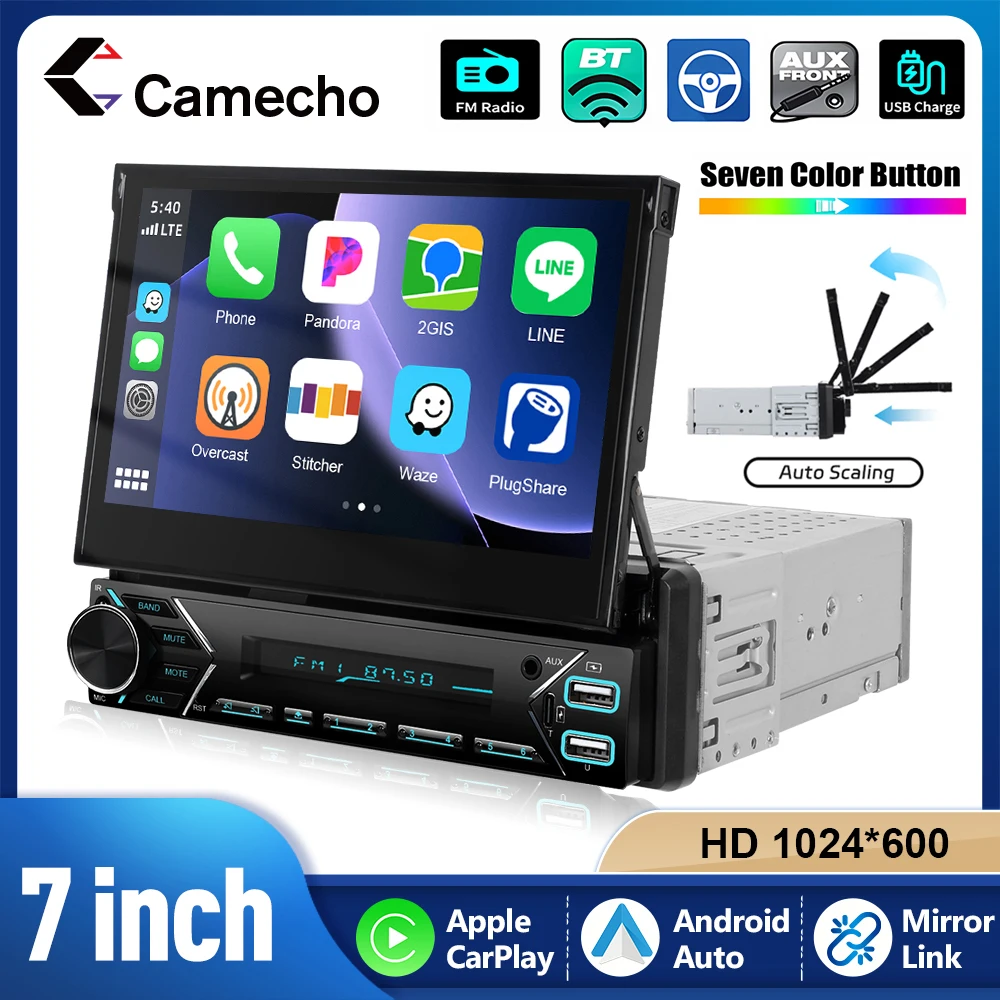 Camecho 1 Din Radio de coche 7 "pantalla retráctil automática Autoradio inalámbrico Carplay Android Auto DAB Radio Control de volante estéreo 1