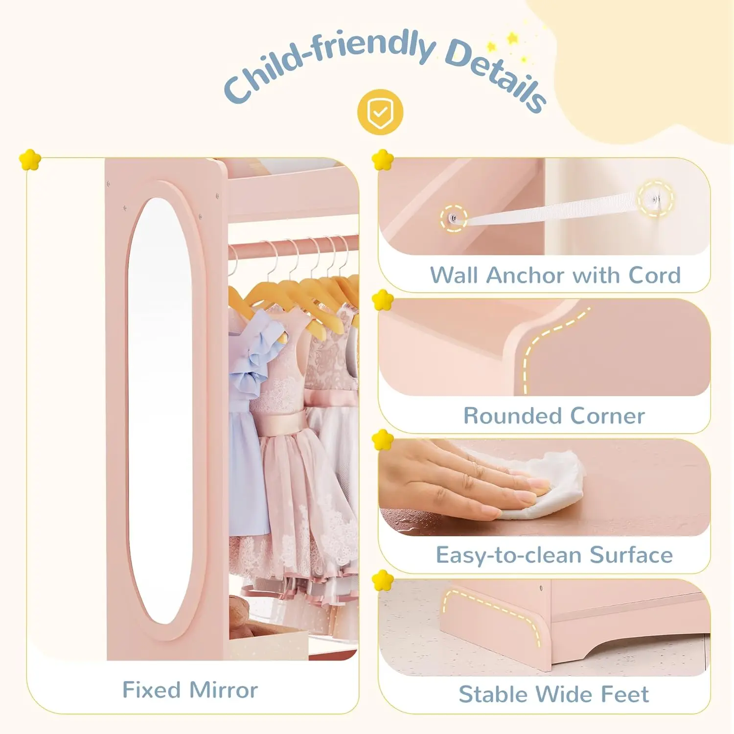 Dress up Storage with Mirror, Kids Wardrobe with 3 Hooks, Kids Closet for Girls Boys, Armoire Costume Organizer for Be