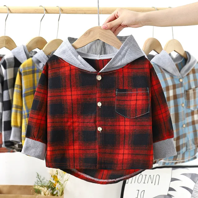 Chemises à capuche pour enfants, vêtements pour bébés garçons, chemises à carreaux, manteau pour printemps et automne, veste à manches longues pour filles, vêtements à bascule 1