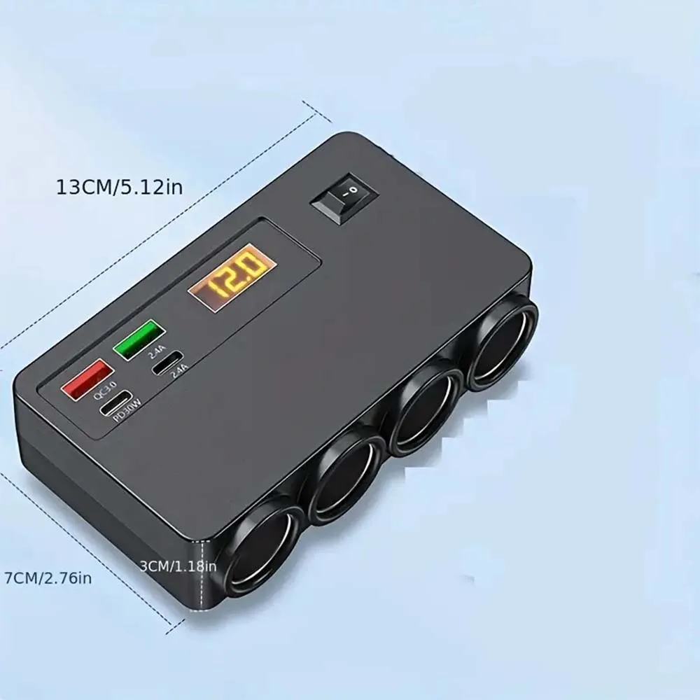 100W Multi-Functional Vehicle Charger USB/TYPE-C Fast Charging Four Conversion Interfaces, With Digital Voltage Display
