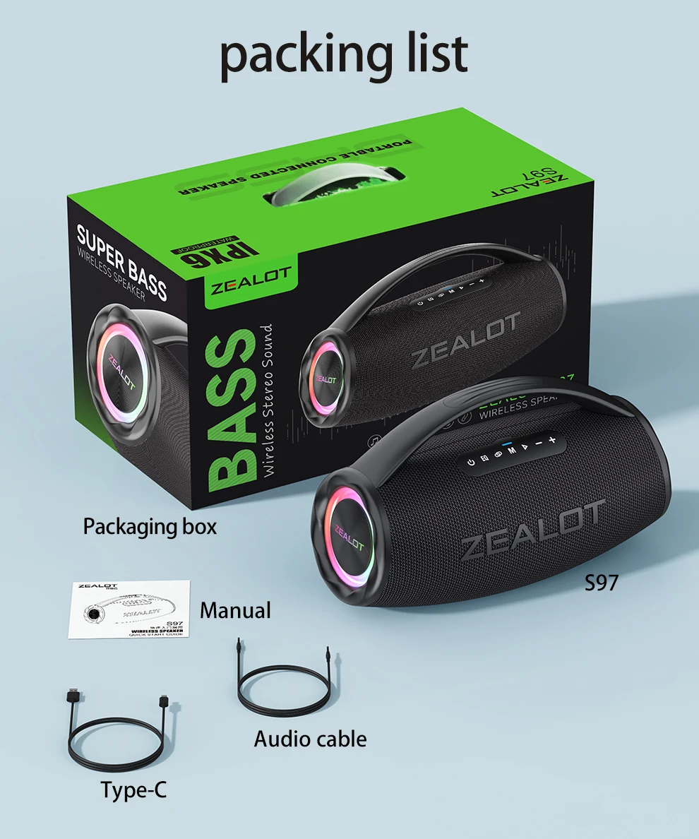 ZEALOT S97 Altavoz Bluetooth portátil de 80W Alto volumen Resistente al agua 16000mAh Subwoofer TWS inalámbrico Suporrt USB/TF/AUX RGB luz.