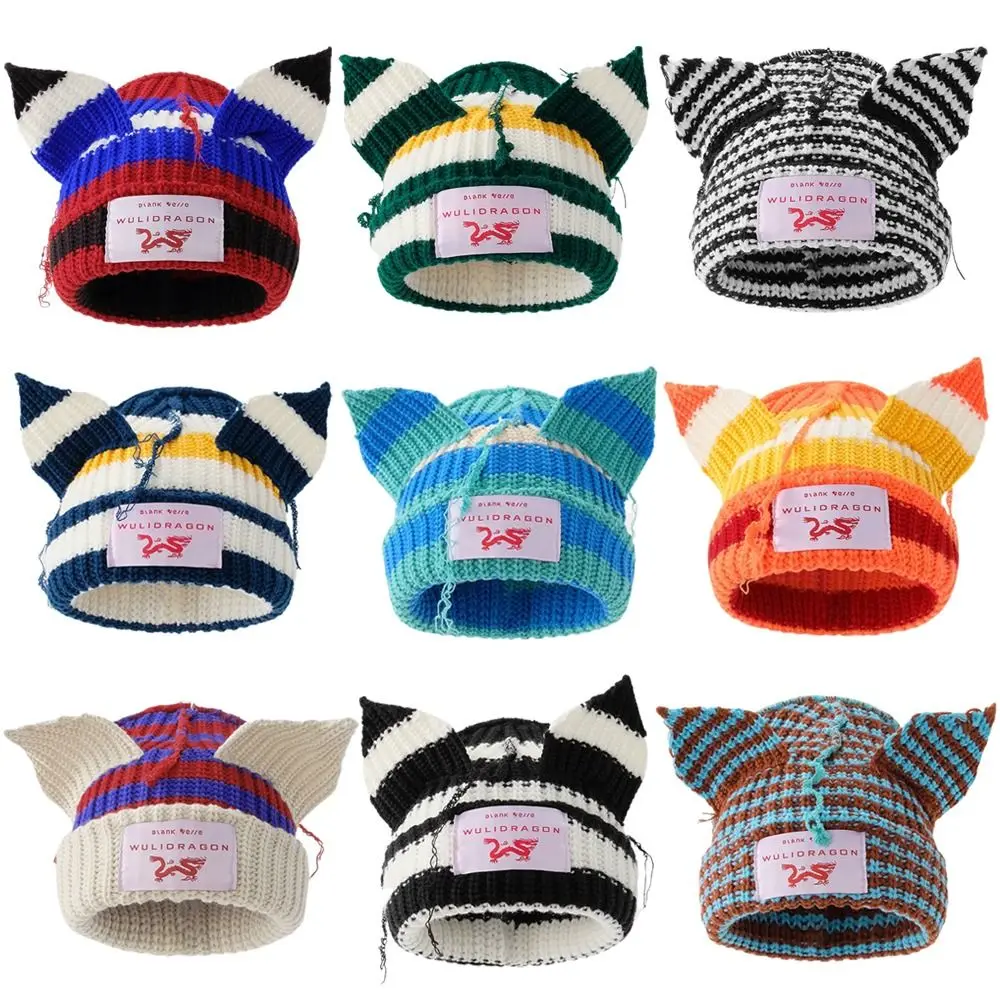 

Woolen Yarn Cat Ear Knitted Hat Autumn Winter Thicked Color Matching Warm Cap Soft Girl's Cold Beanie Women