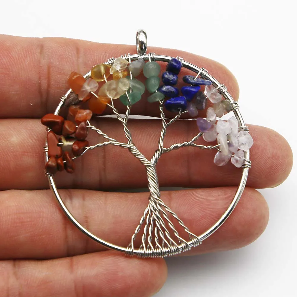 Natural Stone Colorful Crystal Silver Round Fortune Life Tree Pendant Necklace Charm DIY Jewelry Accessories Gift Wholesale 8Pcs