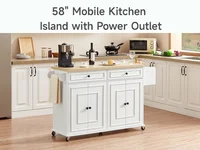 60" Mobile Kitchen Islands Rolling Trolleys Kitchen Island Table Drop Leaf Home Carts with Power Outlet Spice Towel Rack Trash 2