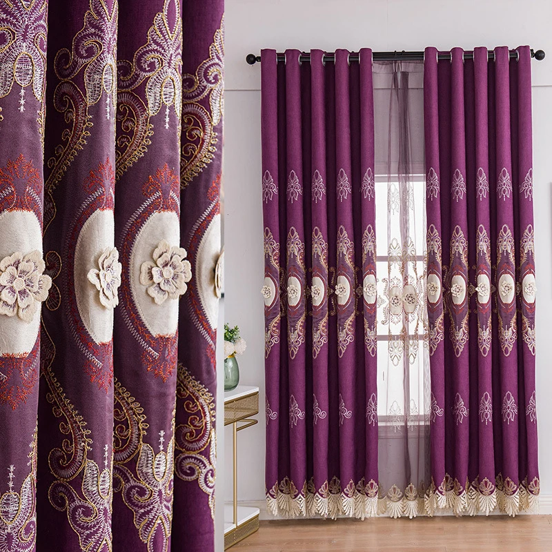 

3D Luxury Embroidery Curtains for Living Dining Room Bedroom Purple Embossed Flowers Embroidery Window Drapes for Bedroom Villa