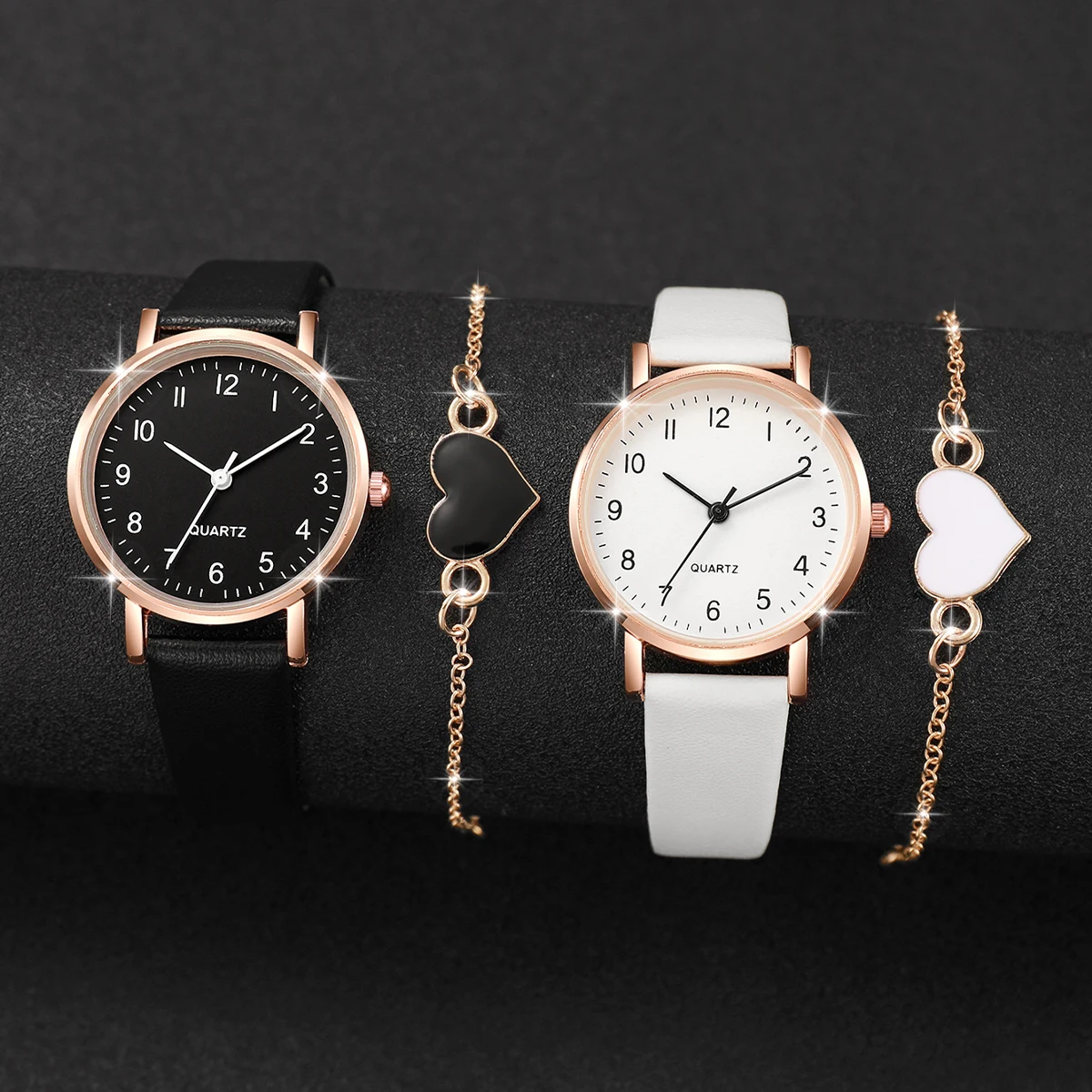 4PCS/Set Fashion Small Arabic Dial Women's Quartz Watch Leather Band Wrist Watches Heart Bracelets Set（Without Box） 2