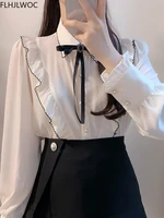 2025 Woman Cute Sweet Girls Thin Semi Transparent Ribbon Bow Tie Retro Vintalge Top Blusas Purple Green White Button Shirts - Image 5