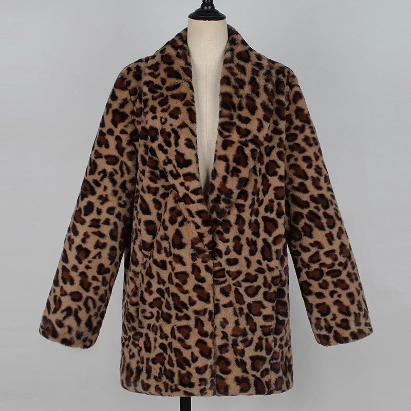 Winter Thick Warm Fashion Long Sleeve Outerwear Artificial Fur Jacket Plush Clothing Luxury Leopard Print Faux Fur Coat Women