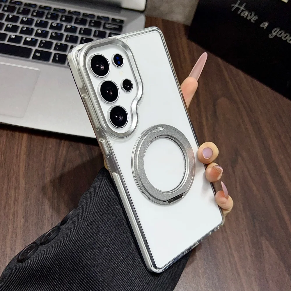 Magnetic 360 Rotating Transparent Shockproof Phone Case with Colorful Bumper Cover