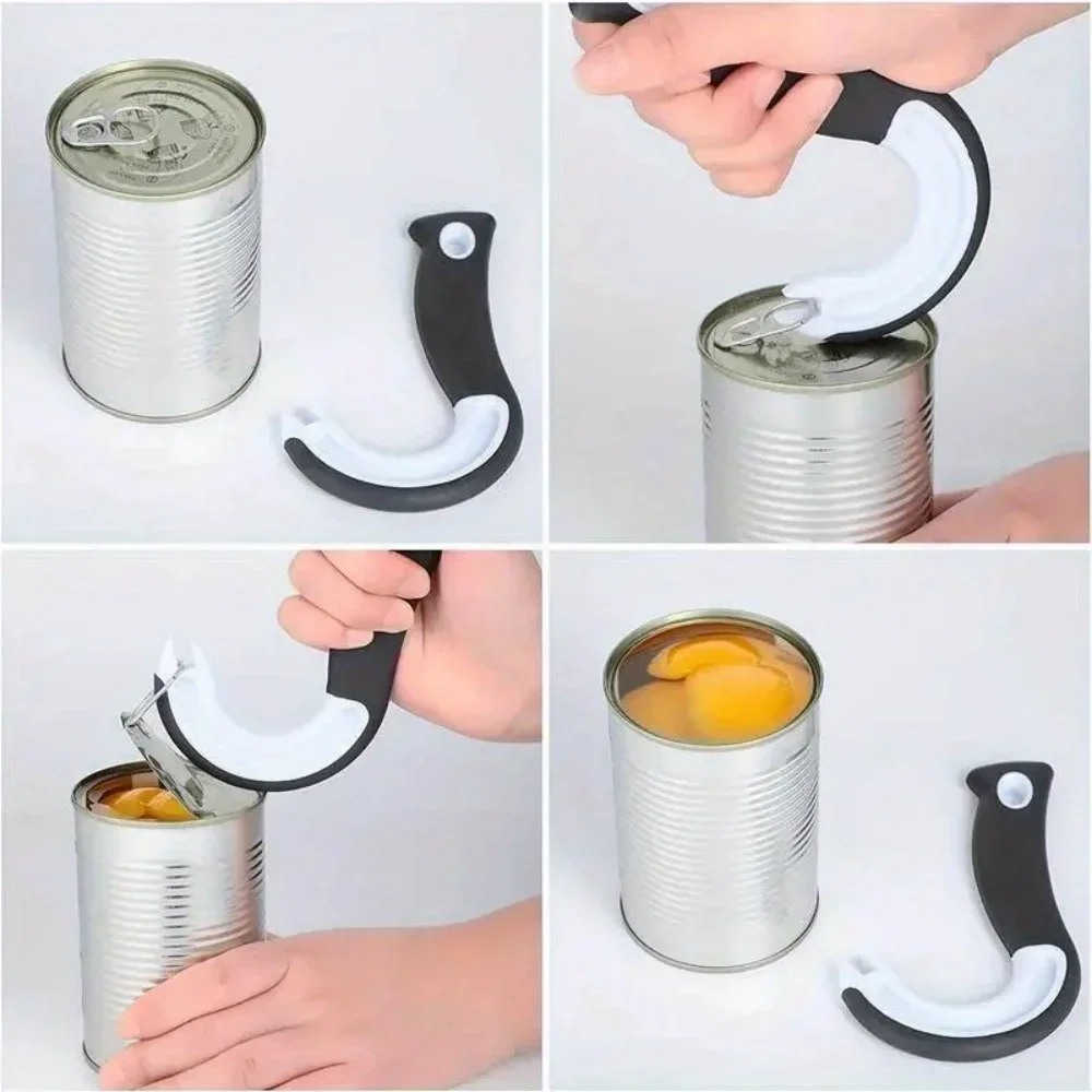 Multifunction Ring Pull Can Opener J-Shaped Easy Grip Lid Opener for Tab Cans Tins Bottles Kitchen Essential Tool