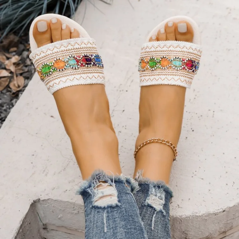 Low Shoes Woman 2025 Slippers Summer Flat Ethnic Slides Totem PVC Fabric Hoof Heels Round Toe Scandals Canvas PU Slippers Women