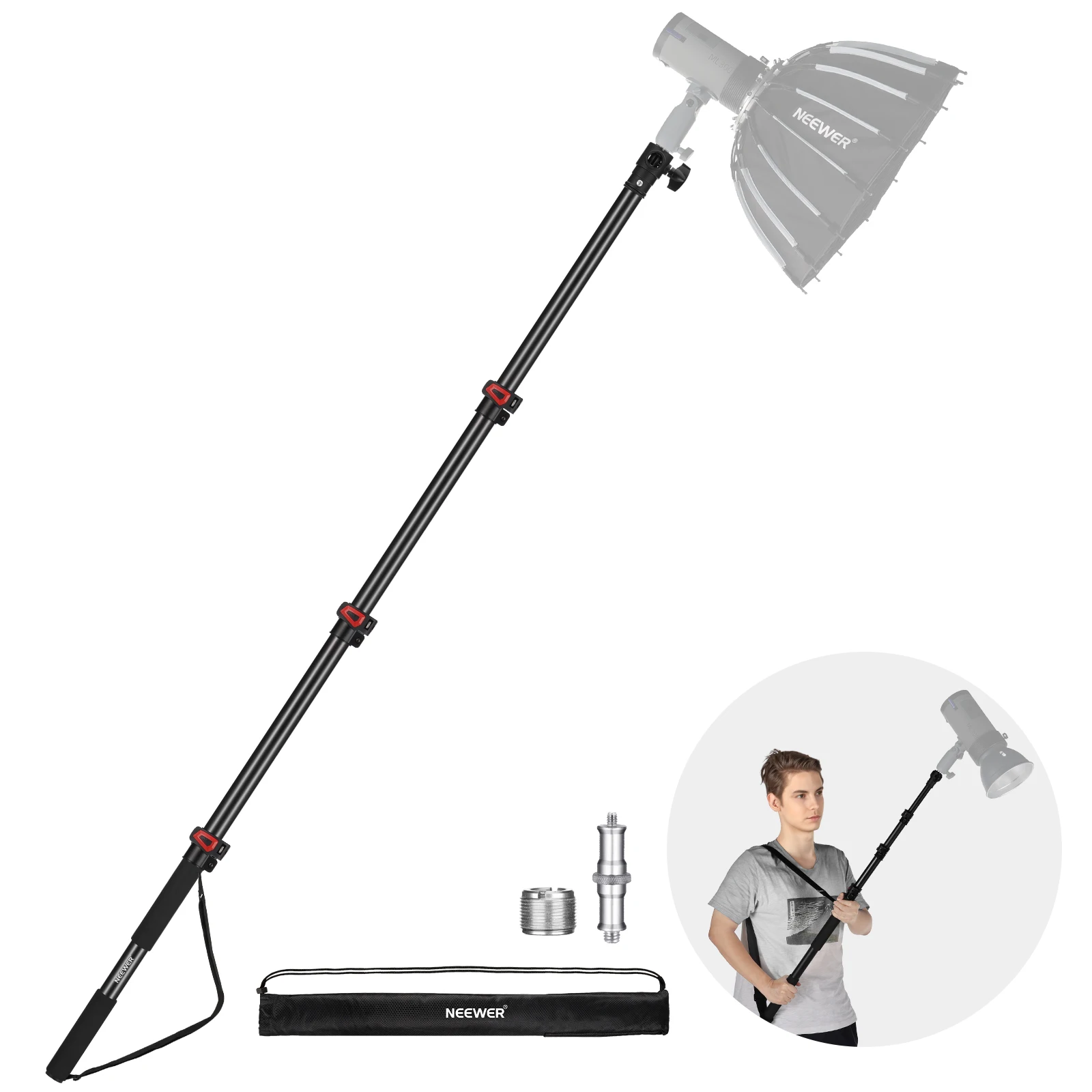 

NEEWER 7.5ft/230cm Boom Pole Stand, Portable Telescopic Aluminum Handheld Light Stand with 1/4" 3/8" 5/8" Screw/Flip Lock