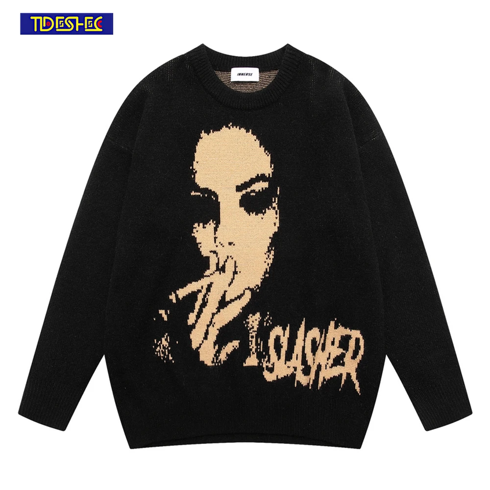 

Harajuku Frayed Sweater Men Portrait Smoking Print Sweater Gothic Pullover Hip Hop Streetwear Loose Sweater Men Knitted Sweaters