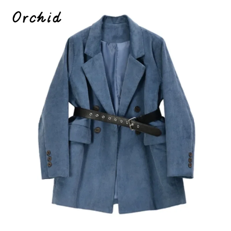 

Women's England Style Solid Blazer Coat Corduroy Double Breasted Jacket Top 2023 Autumn Winter Fashion Simply Flap Pocket Coats