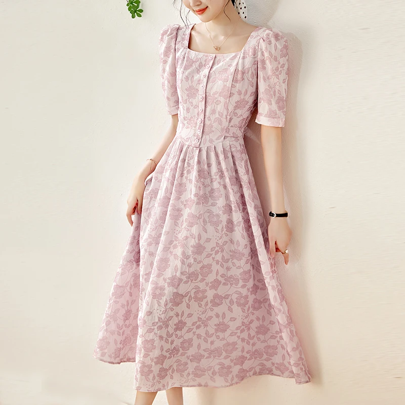 

Женское длинное платье с квадратным вырезом, элегантное модное платье-трапеция с коротким рукавом и цветочным принтом, лето 2024