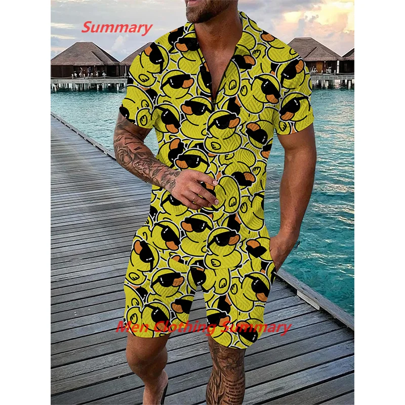 Summer Cartoon Duck Hawaiian Men's Polo Shirts Tracksuit Sets Zipper Lapel T-shirt Short Sleeve Male 2 Piece Outfits Men Clothes