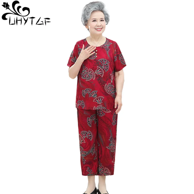 

UHYTGF Summer Set Woman 2 Pieces Printed Cotton Silk Thin Tracksuit Middle-Aged Elderly Mom Casual Home Clothes Female Suit 2436