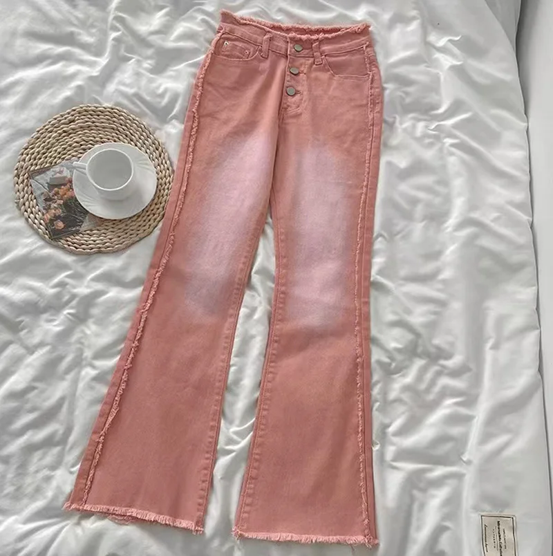

Retro Pink Jeans Women's 2022 Spring Autumn New High Waisted Thin Tassel Raw Edge Wide-leg Pants Button Pocket Flared Pants