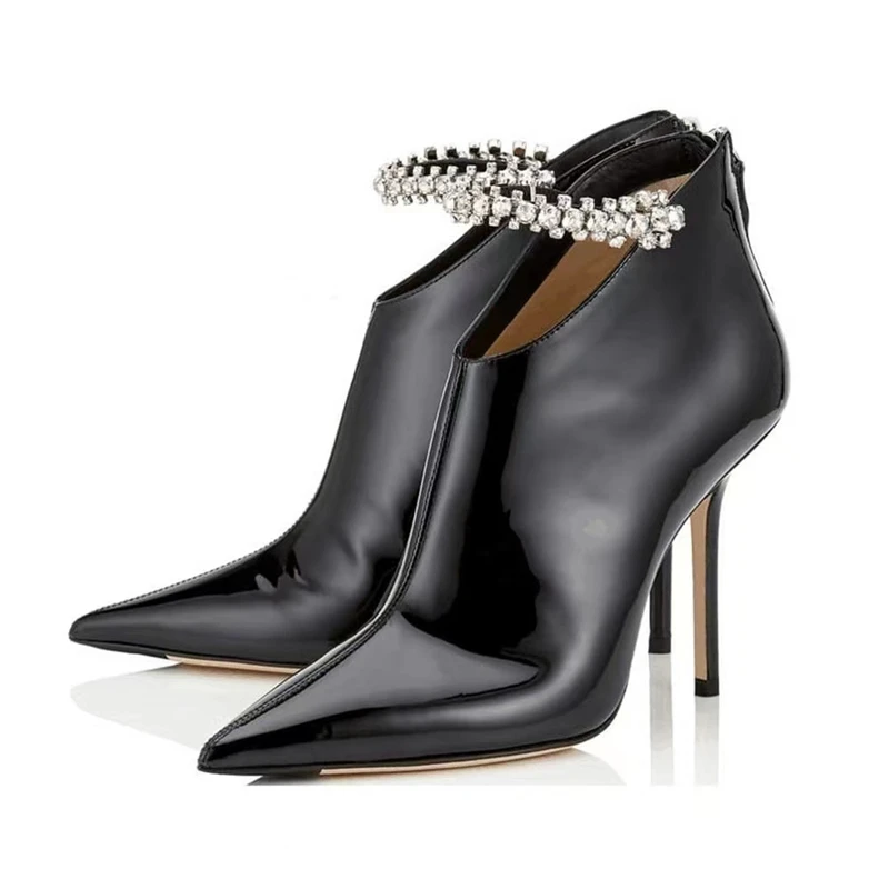High Heel Women's Booty Ankle Diamonds Strap Pointed Toe Ankle Boots Patent Leather Back Zipper Black Shoes Size 45