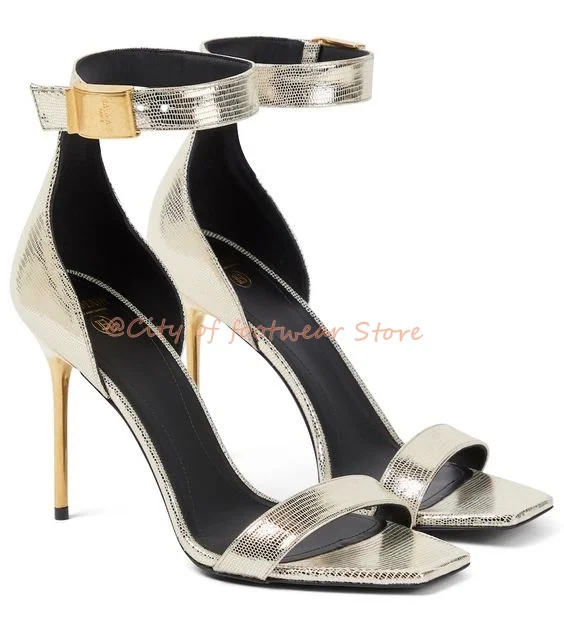 

Women Metallic Leather Buckled Strap Sandals Sliver\Gold Stiletto High Heels Summer Luxury Designer Party Dress Shoes Plus Size