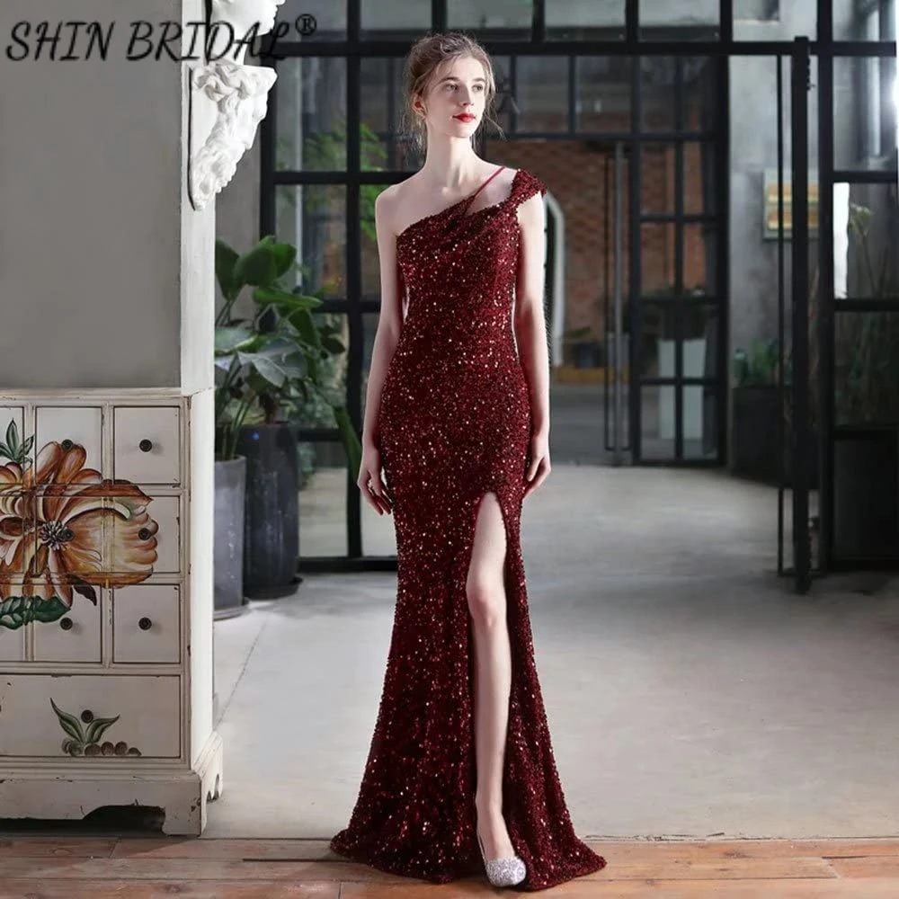 

SHIN BRIDAL High Slit One Shoulder Glitter Evening Dress For Women Sequin Sparkly Floor Length Backless Mermaid Wedding Dresses