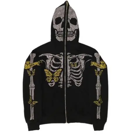 

Y2k Clothes Skull Rhinestone Zip Up Hoodie Harajuku Hooded Sweatshirt Streetwear Hip Hop Gothic Oversized Women Jackets Coat