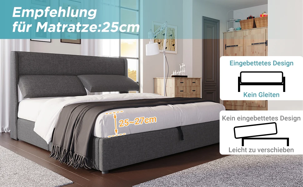 Gepolstertes Doppelbett 160x200cm, verstellbare Kopfstützen, hydraulischer Rahmen mit Stauraum, graues Leinen. – Detail 25