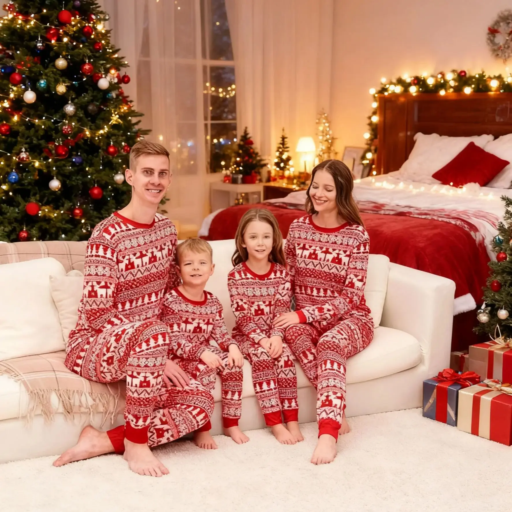 Weihnachts-Cartoon-Muster, Mutter, Tochter, Papa, Kinder, passender Pyjama-Set, 2-teiliger Anzug, Frohe Weihnachten, Baby-Strampler, weich, locker, Weihnachtsfamilie
