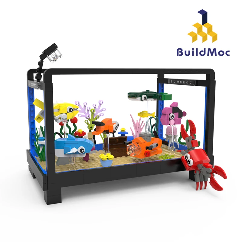

MOC DIY-Designed Fish Tank Sea World Fish Globe Fishbowl With Light Building Blocks Crabs And Seaweed Bricks Toys for Kids Gift
