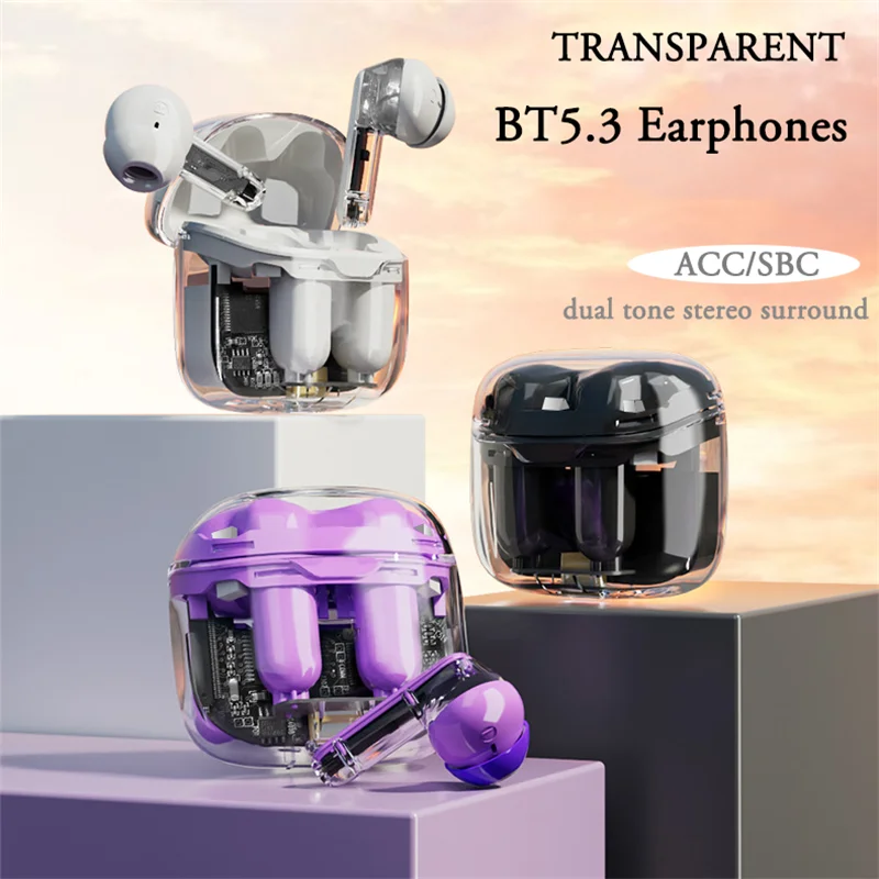 

In Ear Transparent Bluetooth Earphones ENC Noise Canceling Wireless Headphones With Mic Stereo HiFi TWS Earbuds Sports Headsets